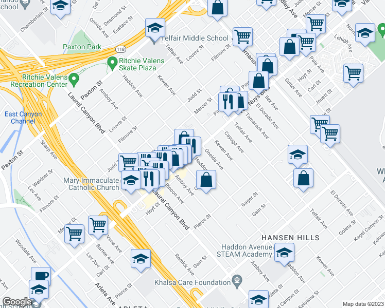 map of restaurants, bars, coffee shops, grocery stores, and more near Van Nuys Boulevard in Los Angeles