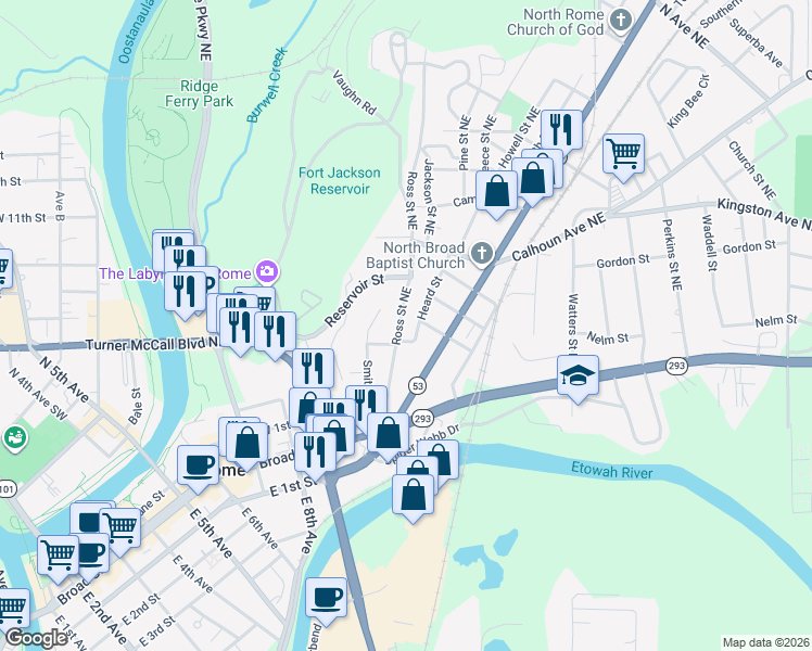 map of restaurants, bars, coffee shops, grocery stores, and more near 13 Heard Street in Rome