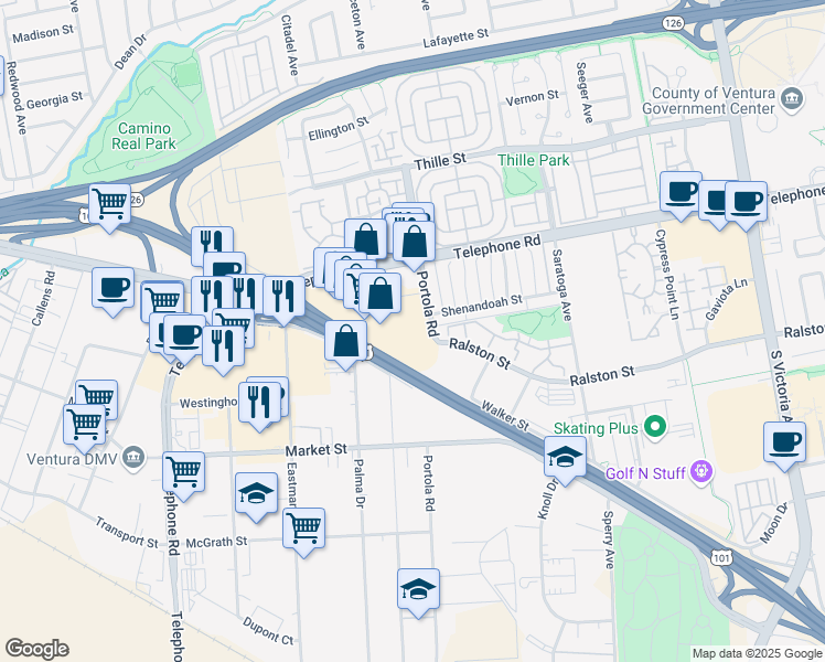 map of restaurants, bars, coffee shops, grocery stores, and more near 4950 Telephone Road in Ventura