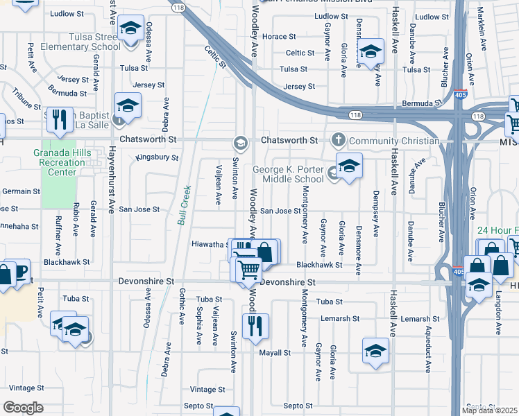map of restaurants, bars, coffee shops, grocery stores, and more near 10502 Woodley Avenue in Los Angeles