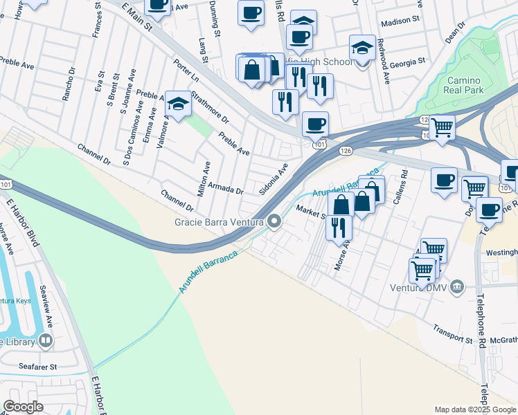map of restaurants, bars, coffee shops, grocery stores, and more near 3398 Armada Drive in Ventura