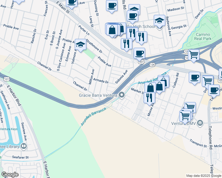 map of restaurants, bars, coffee shops, grocery stores, and more near 3398 Armada Drive in Ventura