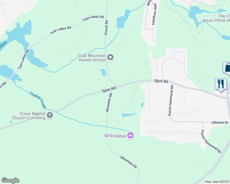 map of restaurants, bars, coffee shops, grocery stores, and more near 3415 Spot Road in Cumming