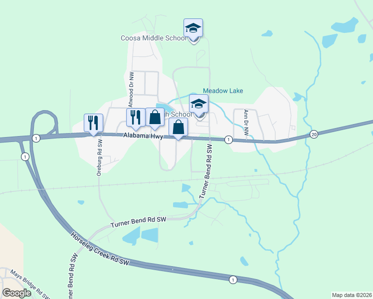 map of restaurants, bars, coffee shops, grocery stores, and more near 20 Wheeling Drive Southwest in Rome
