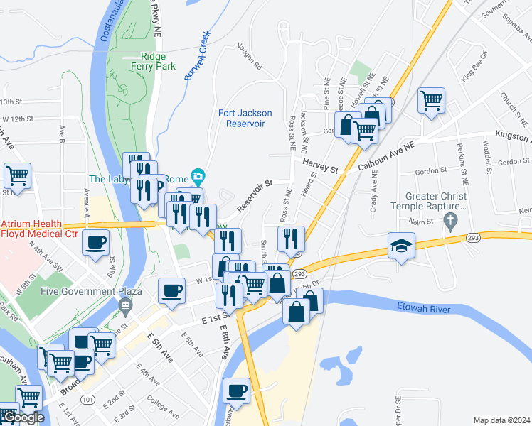 map of restaurants, bars, coffee shops, grocery stores, and more near 208 Smith Street Northeast in Rome