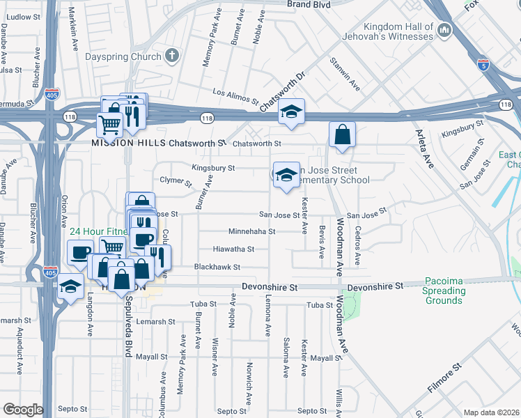 map of restaurants, bars, coffee shops, grocery stores, and more near 15013 San Jose Street in Los Angeles