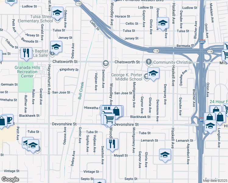 map of restaurants, bars, coffee shops, grocery stores, and more near 10502 Woodley Avenue in Los Angeles