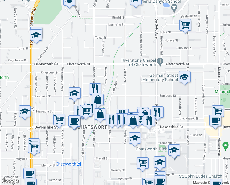 map of restaurants, bars, coffee shops, grocery stores, and more near 10508 Eton Avenue in Los Angeles