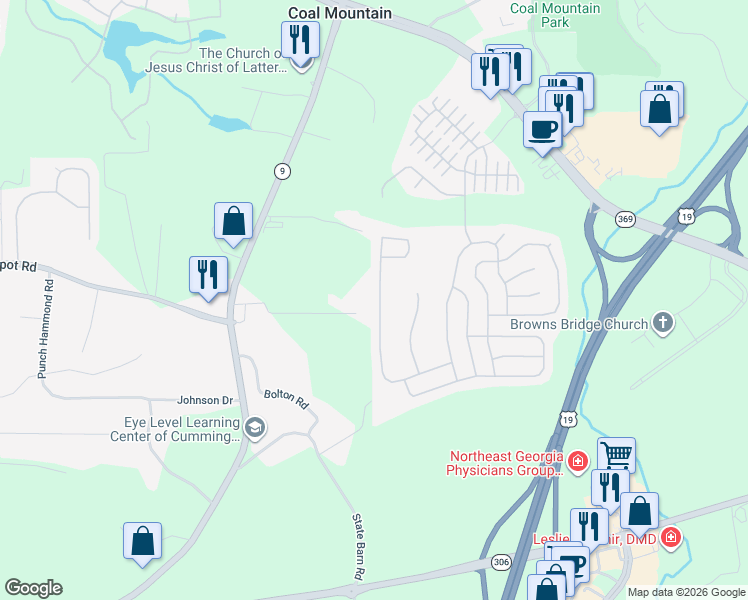 map of restaurants, bars, coffee shops, grocery stores, and more near 4605 Fourth Rail Lane in Cumming