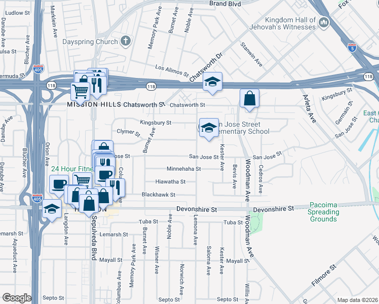 map of restaurants, bars, coffee shops, grocery stores, and more near 15013 San Jose Street in Los Angeles