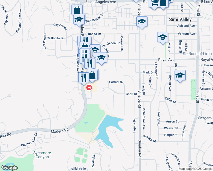 map of restaurants, bars, coffee shops, grocery stores, and more near 1300 Carmel Drive in Simi Valley