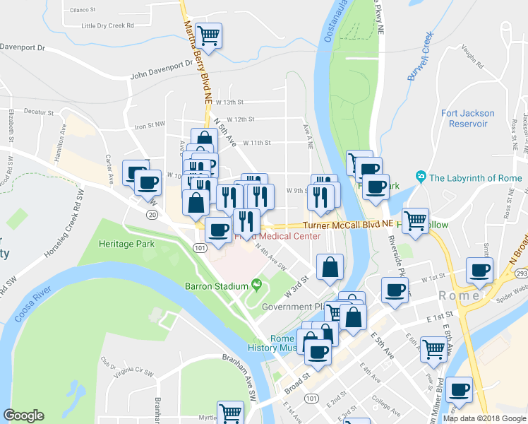 map of restaurants, bars, coffee shops, grocery stores, and more near 798 North 5th Avenue Southwest in Rome
