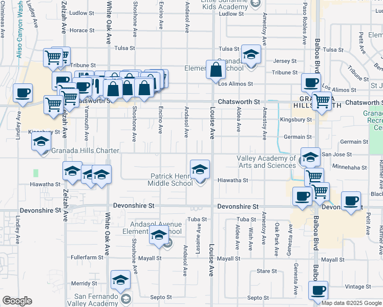 map of restaurants, bars, coffee shops, grocery stores, and more near 17355 San Jose Street in Los Angeles