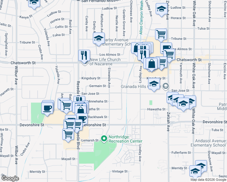 map of restaurants, bars, coffee shops, grocery stores, and more near 18264 Germain Street in Los Angeles