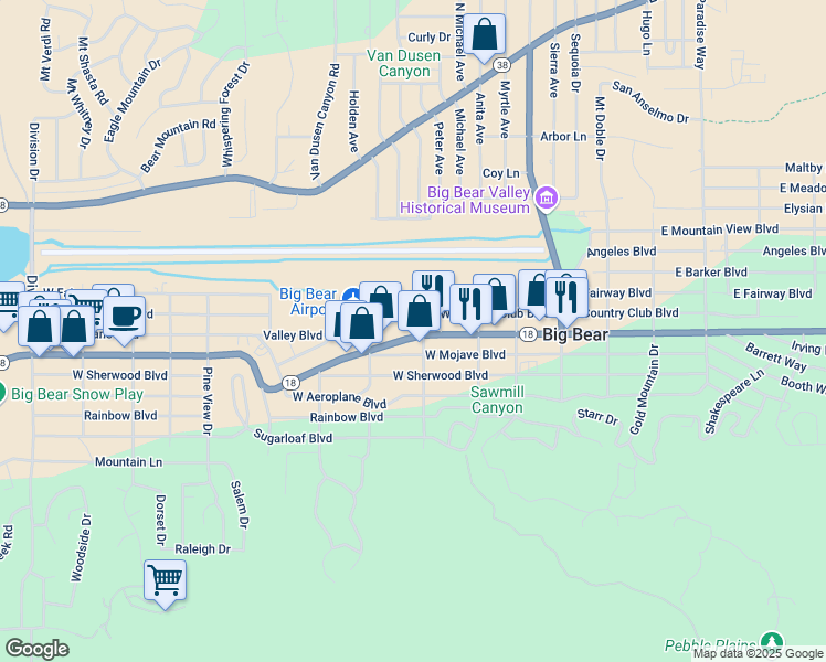 map of restaurants, bars, coffee shops, grocery stores, and more near 408 West Country Club Boulevard in Big Bear
