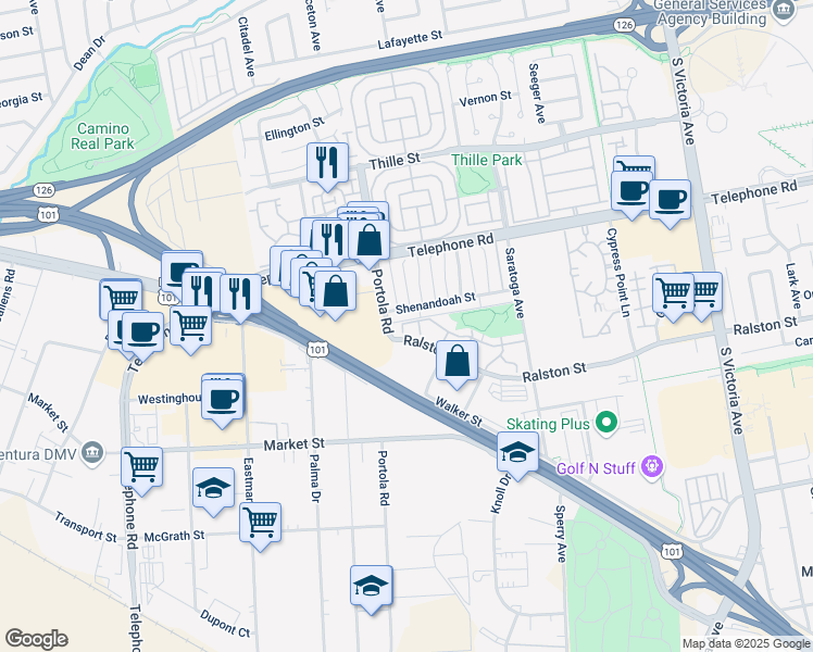 map of restaurants, bars, coffee shops, grocery stores, and more near 5020 Teton Lane in Ventura