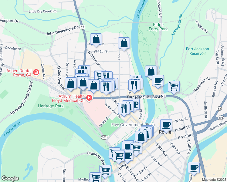 map of restaurants, bars, coffee shops, grocery stores, and more near 502 West 8th Street in Rome