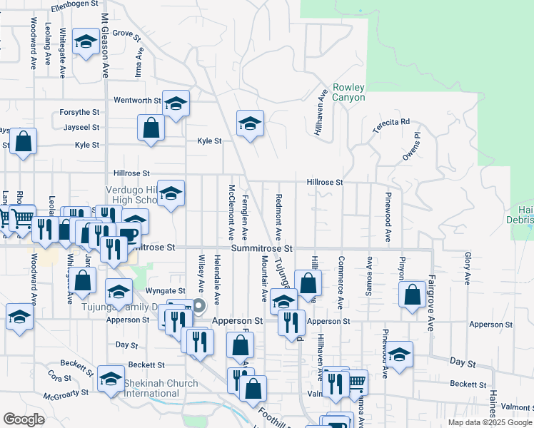 map of restaurants, bars, coffee shops, grocery stores, and more near 10600 Mountair Avenue in Los Angeles