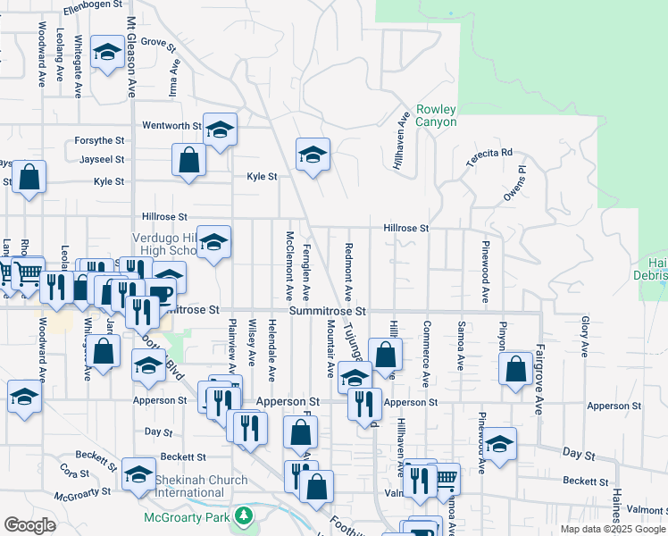 map of restaurants, bars, coffee shops, grocery stores, and more near 10600 Mountair Avenue in Los Angeles