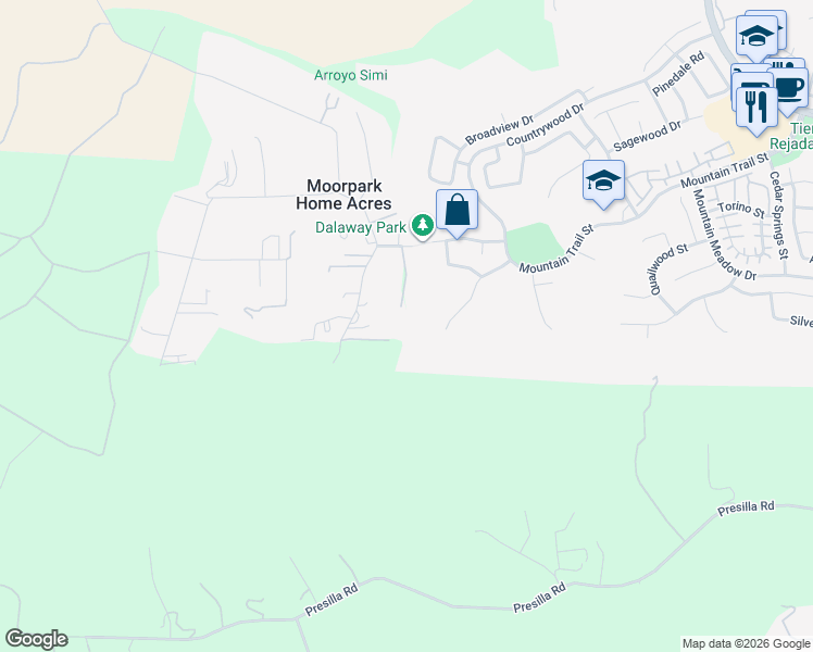 map of restaurants, bars, coffee shops, grocery stores, and more near 3836 Dalaway Drive in Moorpark