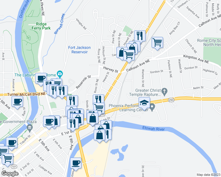 map of restaurants, bars, coffee shops, grocery stores, and more near 1147 North Broad Street in Rome