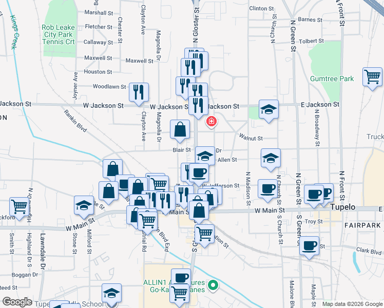 map of restaurants, bars, coffee shops, grocery stores, and more near 367 North Gloster Street in Tupelo