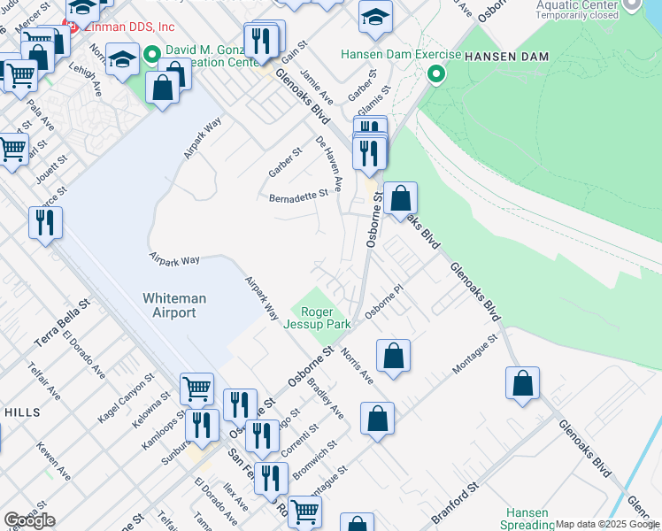 map of restaurants, bars, coffee shops, grocery stores, and more near 12411 Osborne Street in Los Angeles