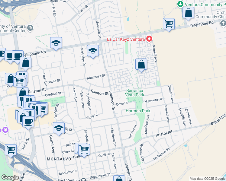 map of restaurants, bars, coffee shops, grocery stores, and more near 6933 Gull Court in Ventura