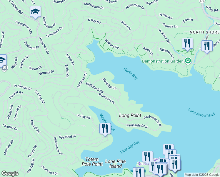 map of restaurants, bars, coffee shops, grocery stores, and more near 27749 Hamiltair Drive in Lake Arrowhead