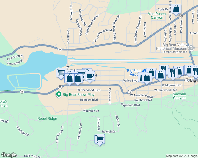 map of restaurants, bars, coffee shops, grocery stores, and more near 905 West Aeroplane Boulevard in Big Bear
