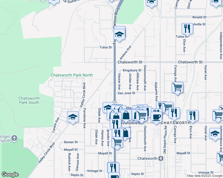 map of restaurants, bars, coffee shops, grocery stores, and more near 10515 Topanga Canyon Boulevard in Los Angeles