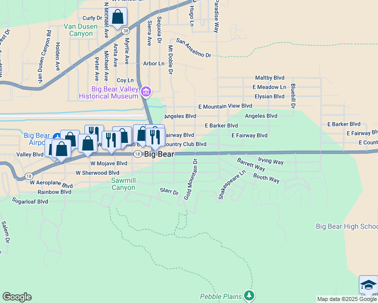map of restaurants, bars, coffee shops, grocery stores, and more near 225 East Big Bear Boulevard in Big Bear