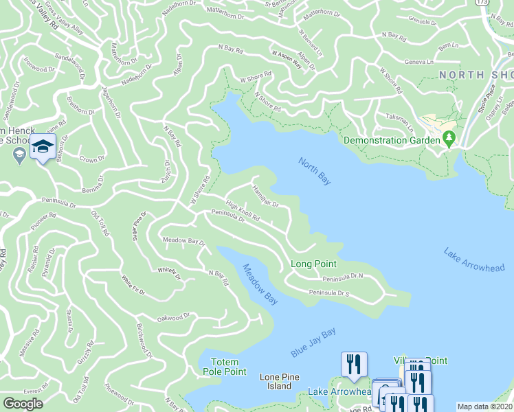 map of restaurants, bars, coffee shops, grocery stores, and more near 27749 Hamiltair Drive in Lake Arrowhead