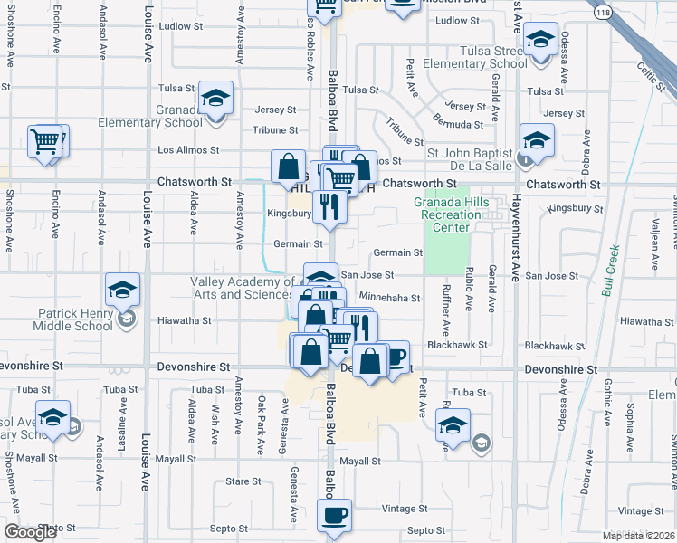 map of restaurants, bars, coffee shops, grocery stores, and more near 16945 San Jose Street in Los Angeles