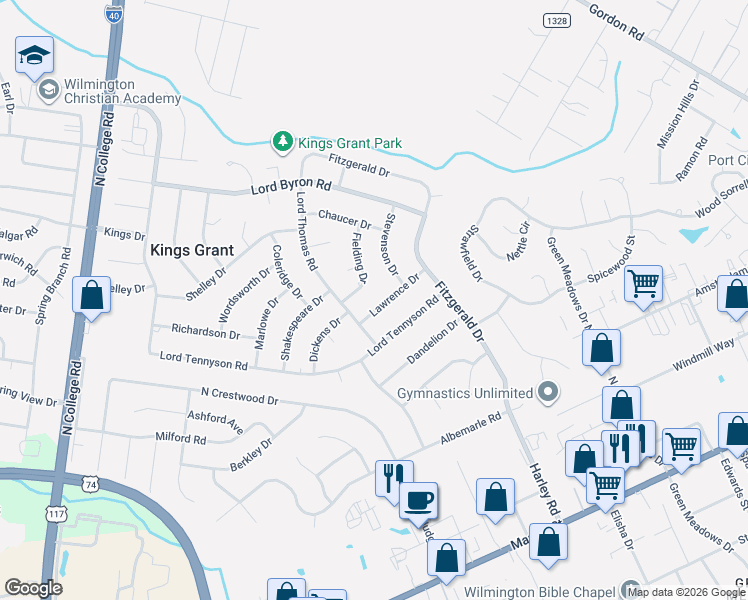 map of restaurants, bars, coffee shops, grocery stores, and more near 5313 Lawrence Drive in Wilmington