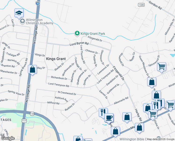 map of restaurants, bars, coffee shops, grocery stores, and more near 1010 Lord Thomas Road in Wilmington