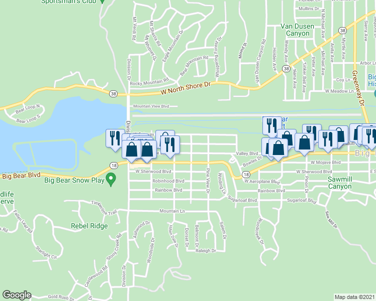 map of restaurants, bars, coffee shops, grocery stores, and more near 905 West Aeroplane Boulevard in Big Bear