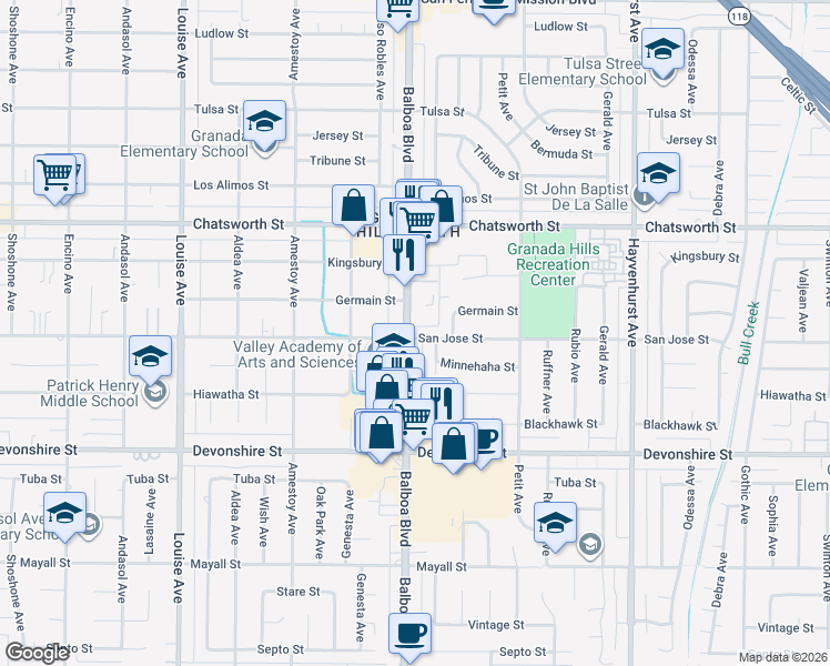 map of restaurants, bars, coffee shops, grocery stores, and more near 16945 San Jose Street in Los Angeles