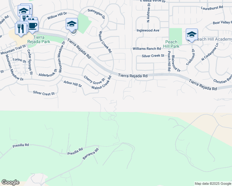 map of restaurants, bars, coffee shops, grocery stores, and more near 3868 Hunters Grove Court in Moorpark