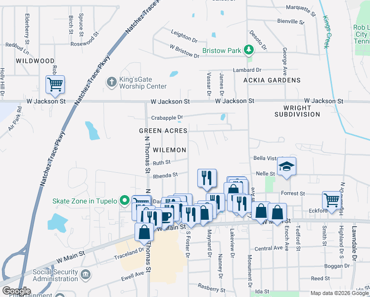 map of restaurants, bars, coffee shops, grocery stores, and more near 405 North Foster Drive in Tupelo