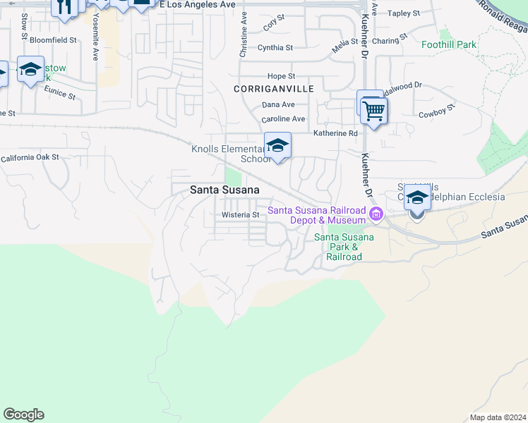 map of restaurants, bars, coffee shops, grocery stores, and more near 6239 Wisteria Street in Simi Valley