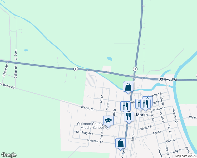 map of restaurants, bars, coffee shops, grocery stores, and more near 100 7th Street in Marks