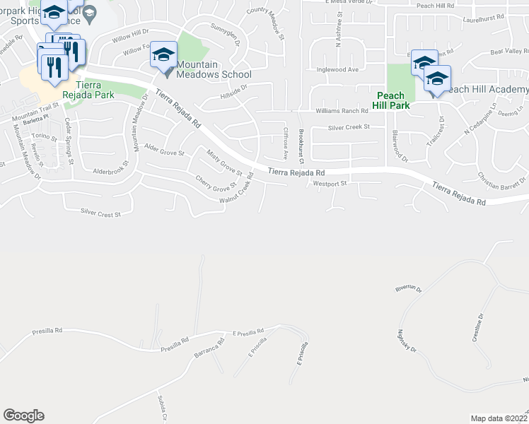 map of restaurants, bars, coffee shops, grocery stores, and more near 3868 Hunters Grove Court in Moorpark