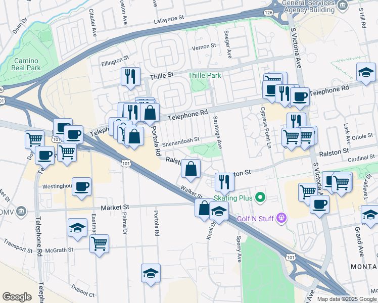 map of restaurants, bars, coffee shops, grocery stores, and more near 5173 Teton Lane in Ventura