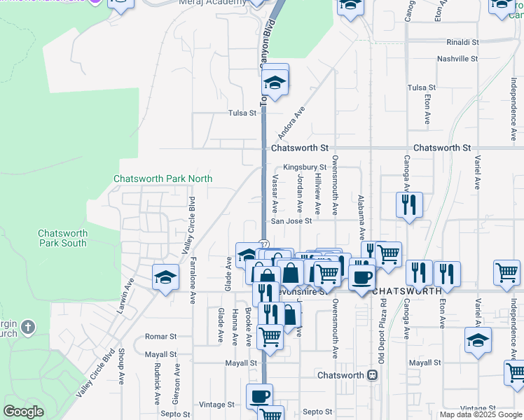 map of restaurants, bars, coffee shops, grocery stores, and more near 10517 Topanga Canyon Boulevard in Los Angeles