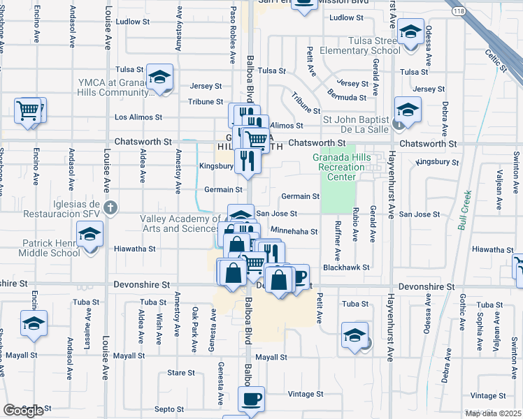 map of restaurants, bars, coffee shops, grocery stores, and more near 16945 San Jose Street in Los Angeles