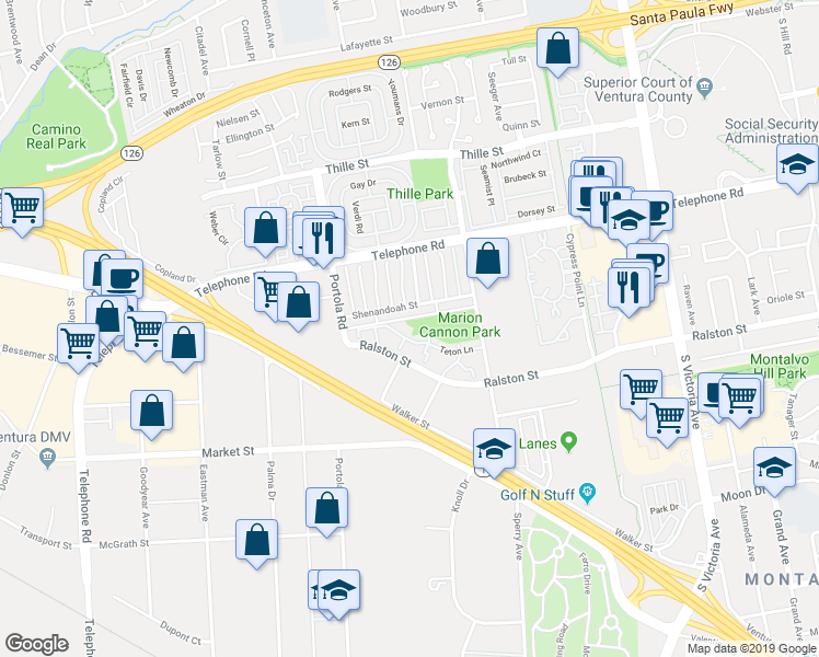 map of restaurants, bars, coffee shops, grocery stores, and more near 5173 Teton Lane in Ventura