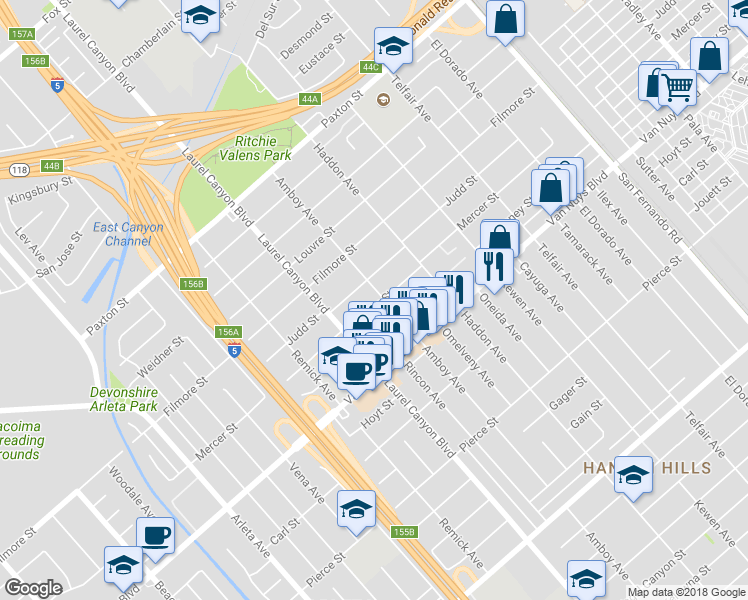 map of restaurants, bars, coffee shops, grocery stores, and more near 13737 Mercer Street in Los Angeles