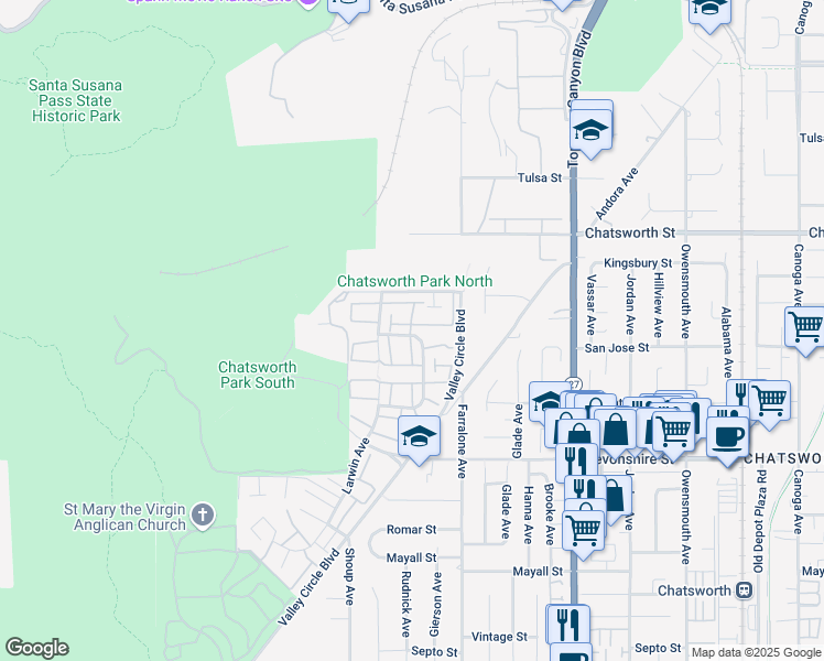 map of restaurants, bars, coffee shops, grocery stores, and more near 22216 James Alan Circle in Los Angeles