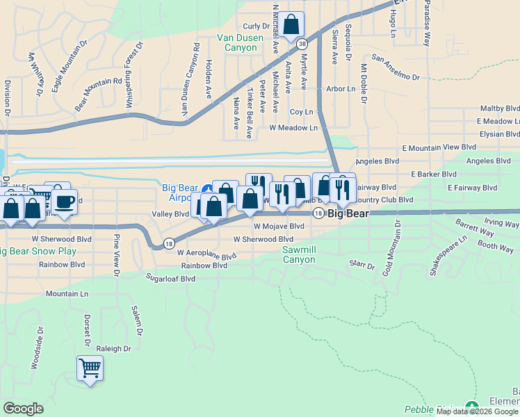 map of restaurants, bars, coffee shops, grocery stores, and more near 337 West Big Bear Boulevard in Big Bear